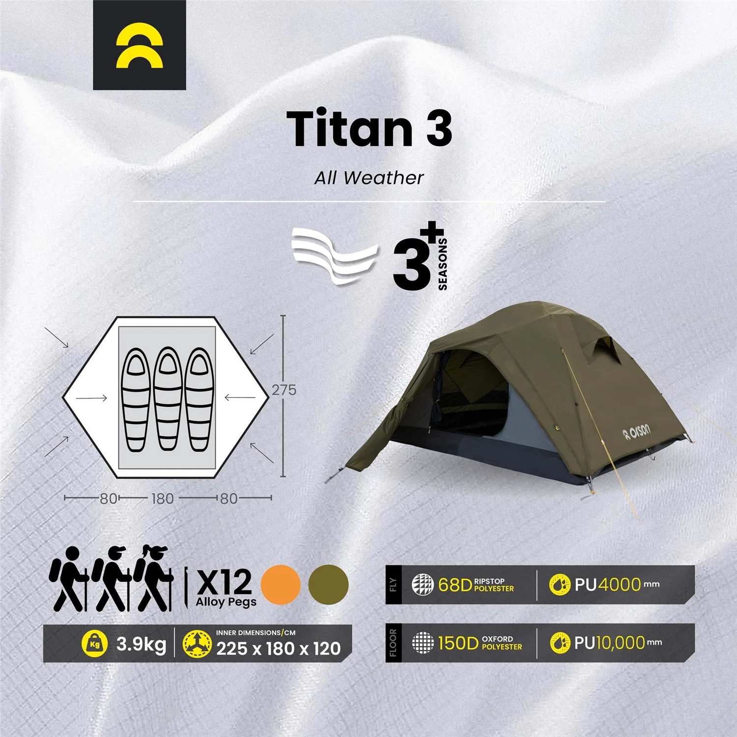 Orson Titan 3 | All-Weather 3 Person Camping Tent | 3.9kg - Image 18